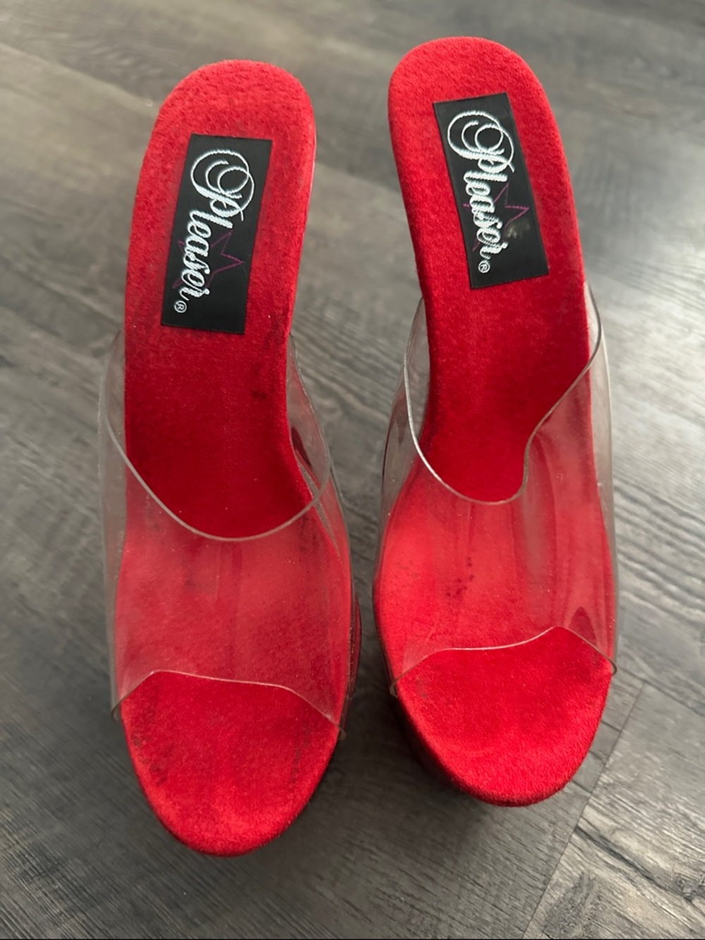 Pleaser Red Suede Platform Heels with Clear Strap - Picture 4 of 4